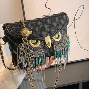 Black Quilted Owl Design Shoulder Bag